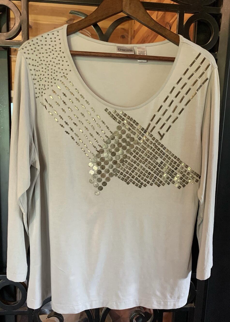 Chico's 3 Womens Gray Metal Accents Modern Abstract Top